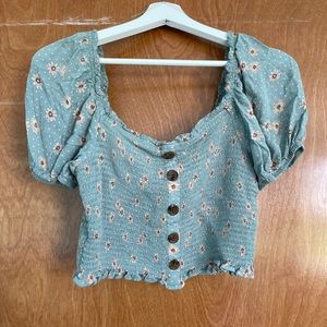 Teal blue daisy puff sleeve crop top